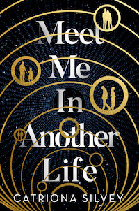 Book cover with gold orbits and silhouettes of male and female figures against a black starry background