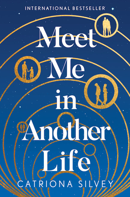 Book cover with gold orbits and silhouettes of male and female figures on a blue starry background
